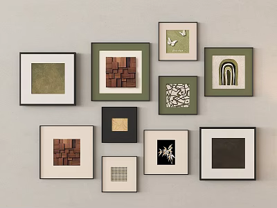 Stylish Wall Decor With Various Framed Artworks And Diverse Patterns On White Wall 3d model