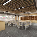 School Student Dining Area With Wooden Grid Ceiling Long Tables Stools And Bookshelves