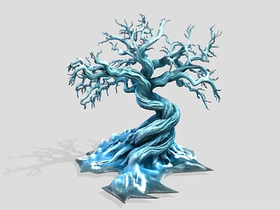Mystical Blue Twisted Tree with Icy Root Base and Leafless Branches 3d model