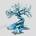 Mystical Blue Twisted Tree with Icy Root Base and Leafless Branches