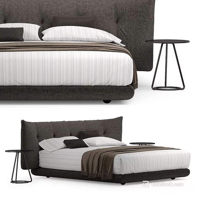 Modern Double Bed With Grey Headboard Striped Sheets And Black Metal Side Table 3d model 