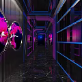 KTV Corridor with Purple Pink Neon Lights Mirrored Floors and Decorative Paintings