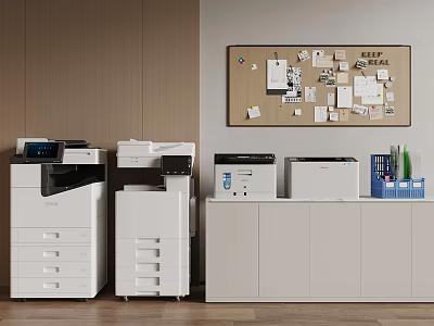 Office Space With Multifunction Printers Storage Cabinets And Bulletin Board 3d model