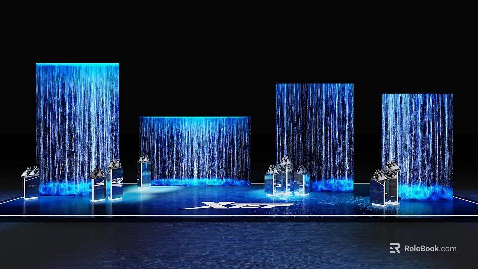 Modern Tech Inspired Scene With Blue Water Curtains And Transparent Display Stands 3d model 