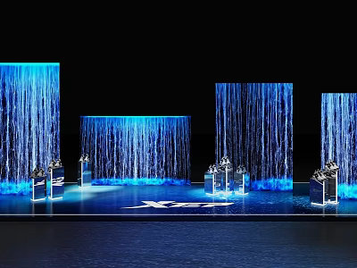 Modern Tech Inspired Scene With Blue Water Curtains And Transparent Display Stands 3d model