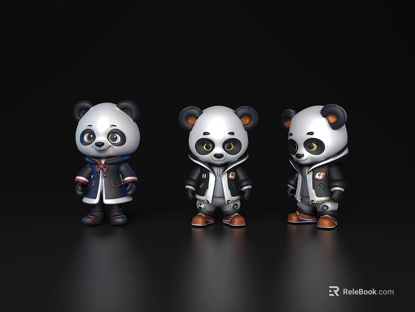 Three Cute Panda Dolls Wearing Different Outfits On Black Background 3d model