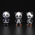 Three Cute Panda Dolls Wearing Different Outfits On Black Background 3d model