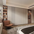 Modern Bedroom Interior With Gray Bedding Multiple Pillows Rug Brown Chair And Soft Lighting