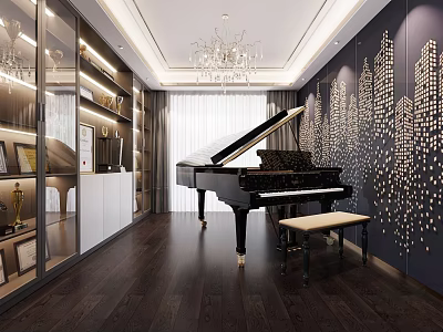Elegant Piano Room Interior With Black Grand Piano Dark Wooden Floors And Glass Display Cabinets 3d model