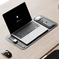Modern Wooden Desk With Laptop Headphones Table Lamp And Black Chair