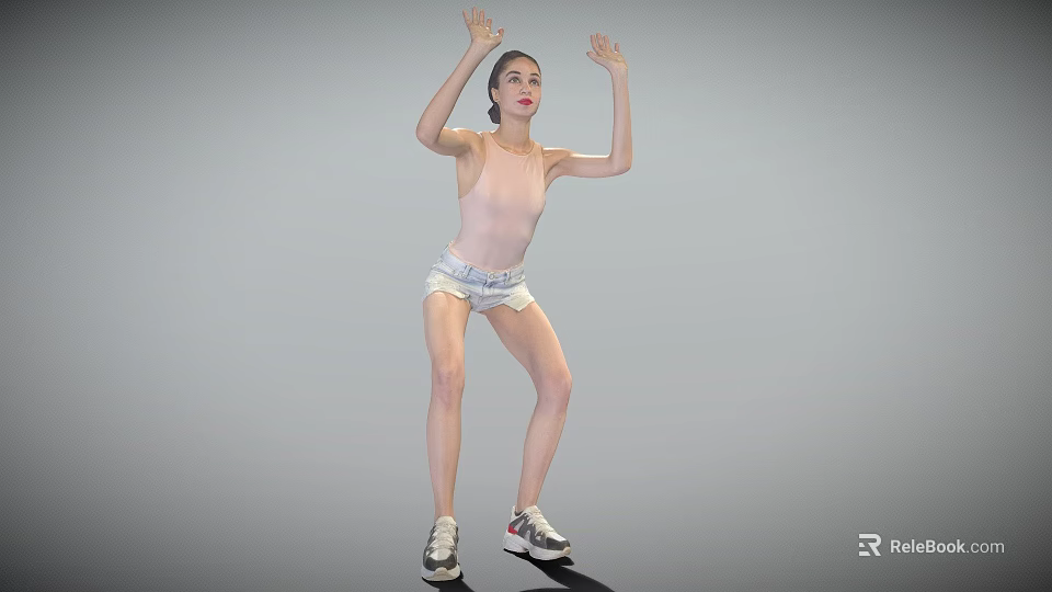 Woman Dancing with Hands Raised in Pink Tank Top White Shorts and Sneakers 3d model 