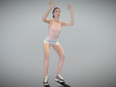 Woman Dancing with Hands Raised in Pink Tank Top White Shorts and Sneakers 3d model
