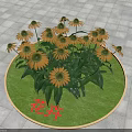Yellow Flowers Growing On Circular Green Lawn With Stone Pavement Background