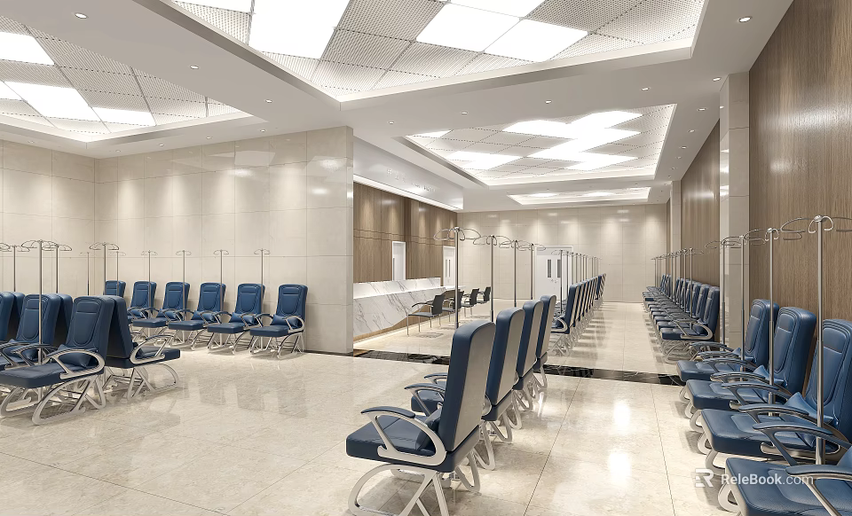 Spacious Modern Waiting Hall With Blue Seats White Walls And Ceiling Lights 3d model 