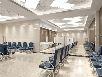 Spacious Modern Waiting Hall With Blue Seats White Walls And Ceiling Lights 3d model