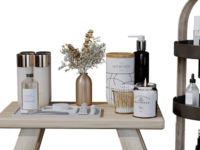 Elegant Bathroom Set With Bath Products Dried Flowers Candle Cotton Swabs Wooden Tray And Shelf 3d model