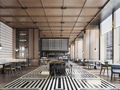 Modern Restaurant Interior With Wooden Ceiling Black White Geometric Floor And Dining Tables Chairs 3d model