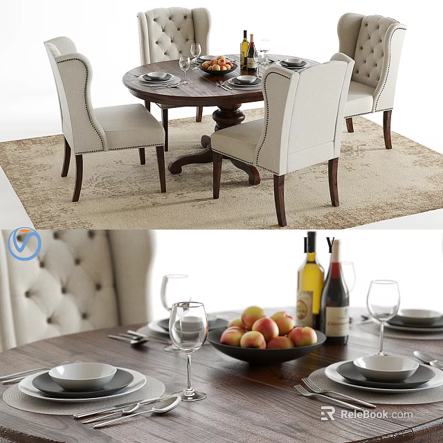 Elegant Wooden Dining Table Set With Beige Upholstered Chairs Fruits Wine Bottles And Tableware 3d model 