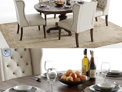 Elegant Wooden Dining Table Set With Beige Upholstered Chairs Fruits Wine Bottles And Tableware 3d model