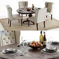 Elegant Wooden Dining Table Set With Beige Upholstered Chairs Fruits Wine Bottles And Tableware