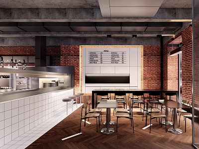 Industrial Style Bar Interior With Exposed Brick Walls Bar Counter Tables Chairs And Menu Board 3d model