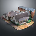 Cartoon Scene Featuring Cute House Model Multiple Buildings Various Roofs Green Lawn And Trees