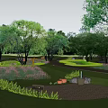 Scenic Park Landscape Featuring Lush Green Lawn Tall Trees Wooden Path And Circular Gravel Area
