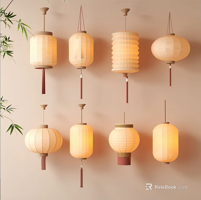 Traditional Paper Lanterns Hanging On Wall With Various Shapes Bamboo Branches And Warm Light 3d model 