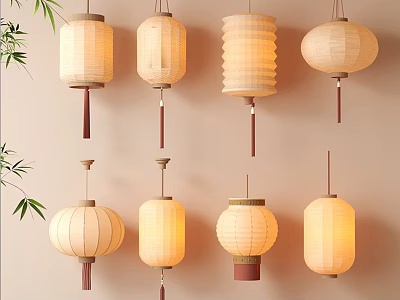 Traditional Paper Lanterns Hanging On Wall With Various Shapes Bamboo Branches And Warm Light 3d model