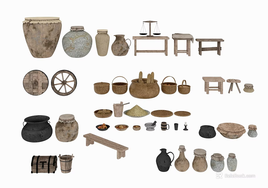 Vintage Traditional Household Items Collection Featuring Clay Pots Wooden Stools And Baskets 3d model 