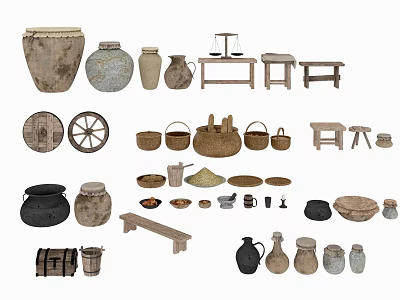 Vintage Traditional Household Items Collection Featuring Clay Pots Wooden Stools And Baskets 3d model