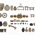 Vintage Traditional Household Items Collection Featuring Clay Pots Wooden Stools And Baskets