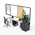 Modern Office Desk Setup With Ergonomic Chair Wall Mounted Whiteboard Corkboard And Potted Plant