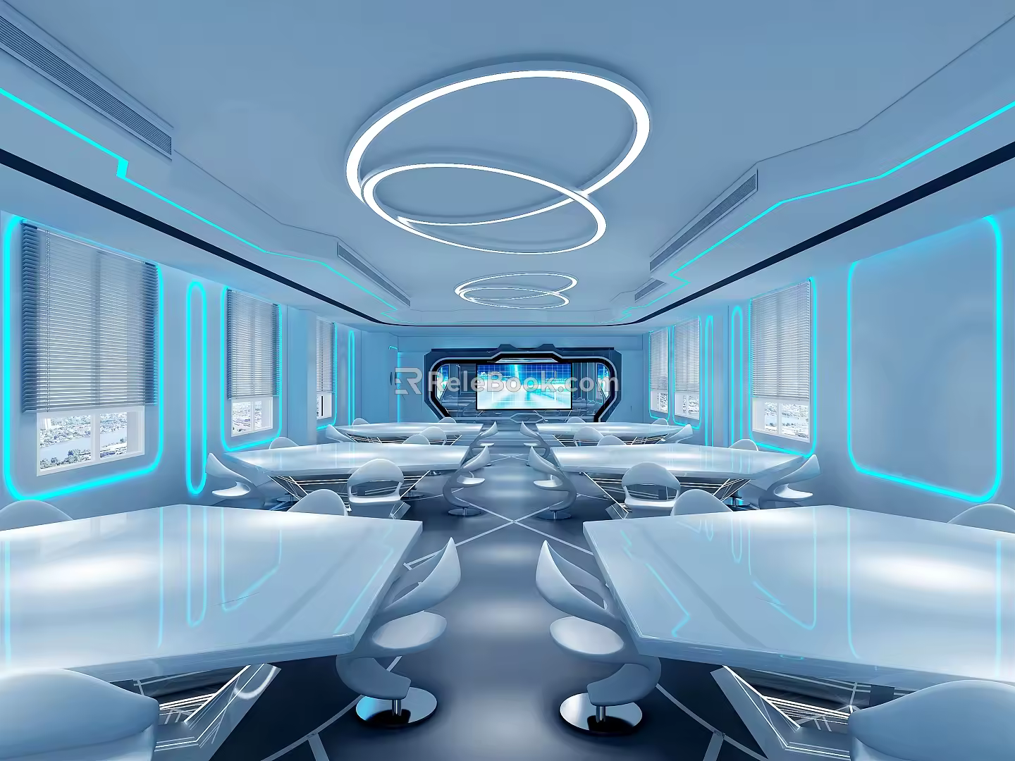 Modern classroom science and technology intelligent projection blue lines computer classroom 3d model
