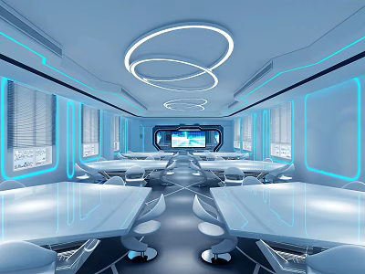School Futuristic Learning Space With White Tables Chairs Circular Lights Digital Screen And Blue Accents 3d model