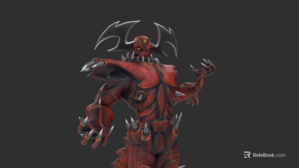Red Muscular Demonic Game Movie Character With Horns Wings Spikes And Sharp Claws 3d model 