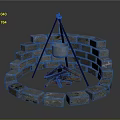 Garden Decorative Circular Stone Arrangement With Tripod Metal Pot And Burning Logs
