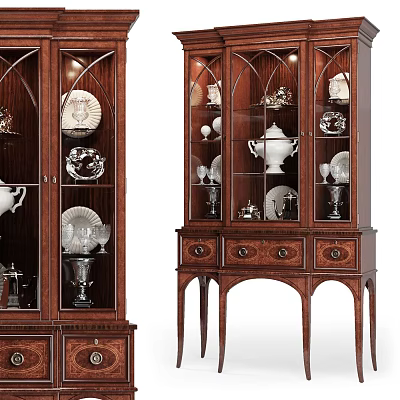 Elegant Wooden Decorative Cabinet With Glass Doors Displaying Porcelain Silverware Carved Details And Curved Legs 3d model
