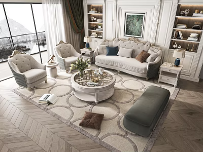 Elegant Modern Sofa Coffee Table Set With Round White Table Gray Armchairs And Mountain View 3d model