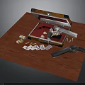 Open Wooden Case With Red Lining White Gun Bullets Playing Cards Dice And Black Revolver