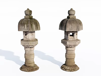 Elegant Traditional Stone Garden Lanterns with Carved Bases for Outdoor Lighting 3d model