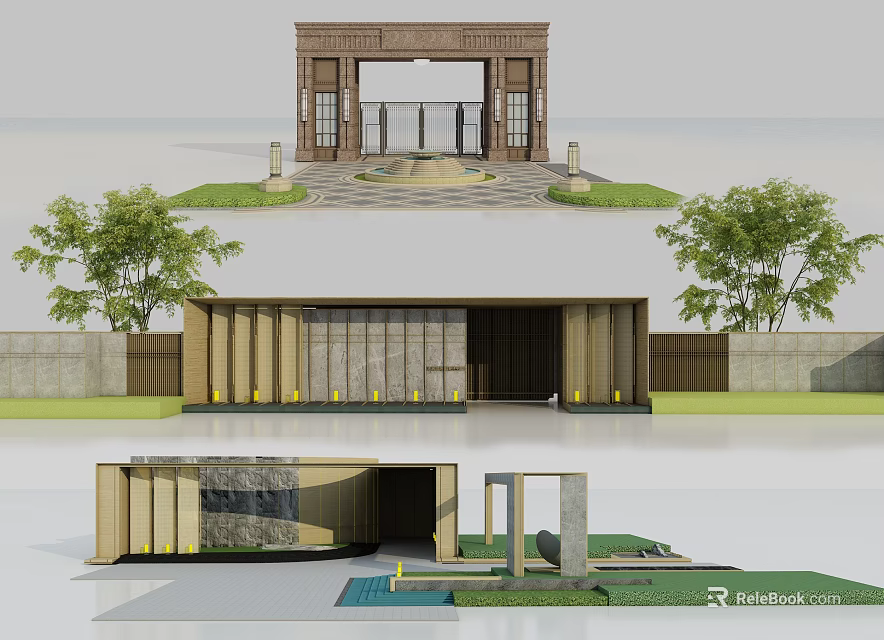 Traditional Entrance Gate Design With Stone Carvings Wooden Frames And Lush Green Trees 3d model 