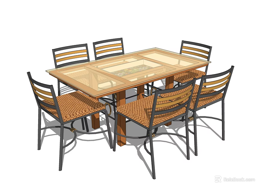 Wooden Dining Table Set With Glass Top And Six Metal Frame Woven Chairs 3d model 