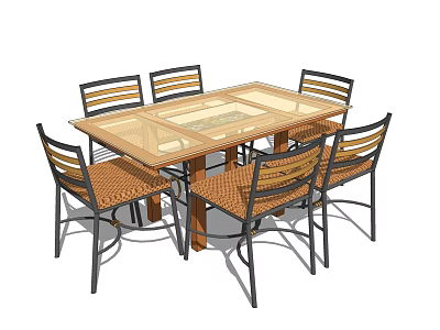 Wooden Dining Table Set With Glass Top And Six Metal Frame Woven Chairs 3d model