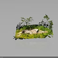 Stone And Wood Structure In Natural Outdoor Setting With Green Grass And Trees