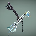 Game Character Ornate Key Shaped Weapon With Black White Blade Chain And Blue Accents