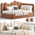 Kids Bed with Scalloped Headboard Beige Green Multiple Pillows and Blanket