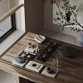 Minimalist Tea Set With Teapot Teacups And Tray On Wooden Table With Green Plant