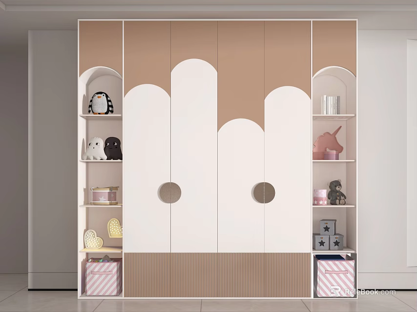 Modern White And Beige Wardrobe With Curved Doors Open Shelves And Storage Drawers 3d model 