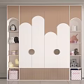 Modern White And Beige Wardrobe With Curved Doors Open Shelves And Storage Drawers